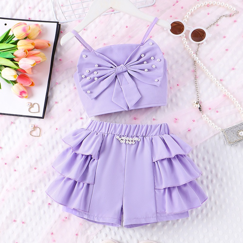 2pcs Toddler Girls Pearl-Accented Sleeveless Top & Tiered Ruffle Shorts