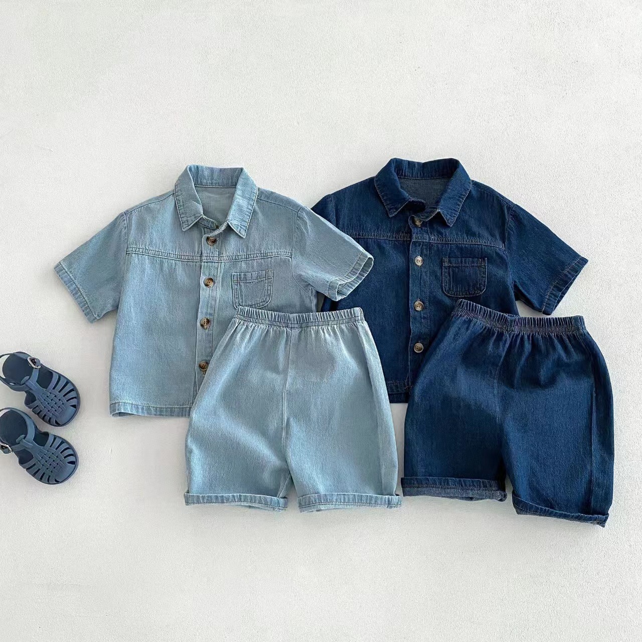 2pcs Toddler Boys Denim Short-Sleeve Shirt & Shorts
