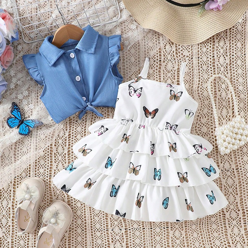 2pcs Baby Girls All-Over Butterfly Print Tiered Dress Outfit