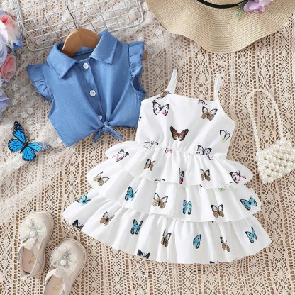 2pcs Baby Girls All-Over Butterfly Print Tiered Dress Outfit