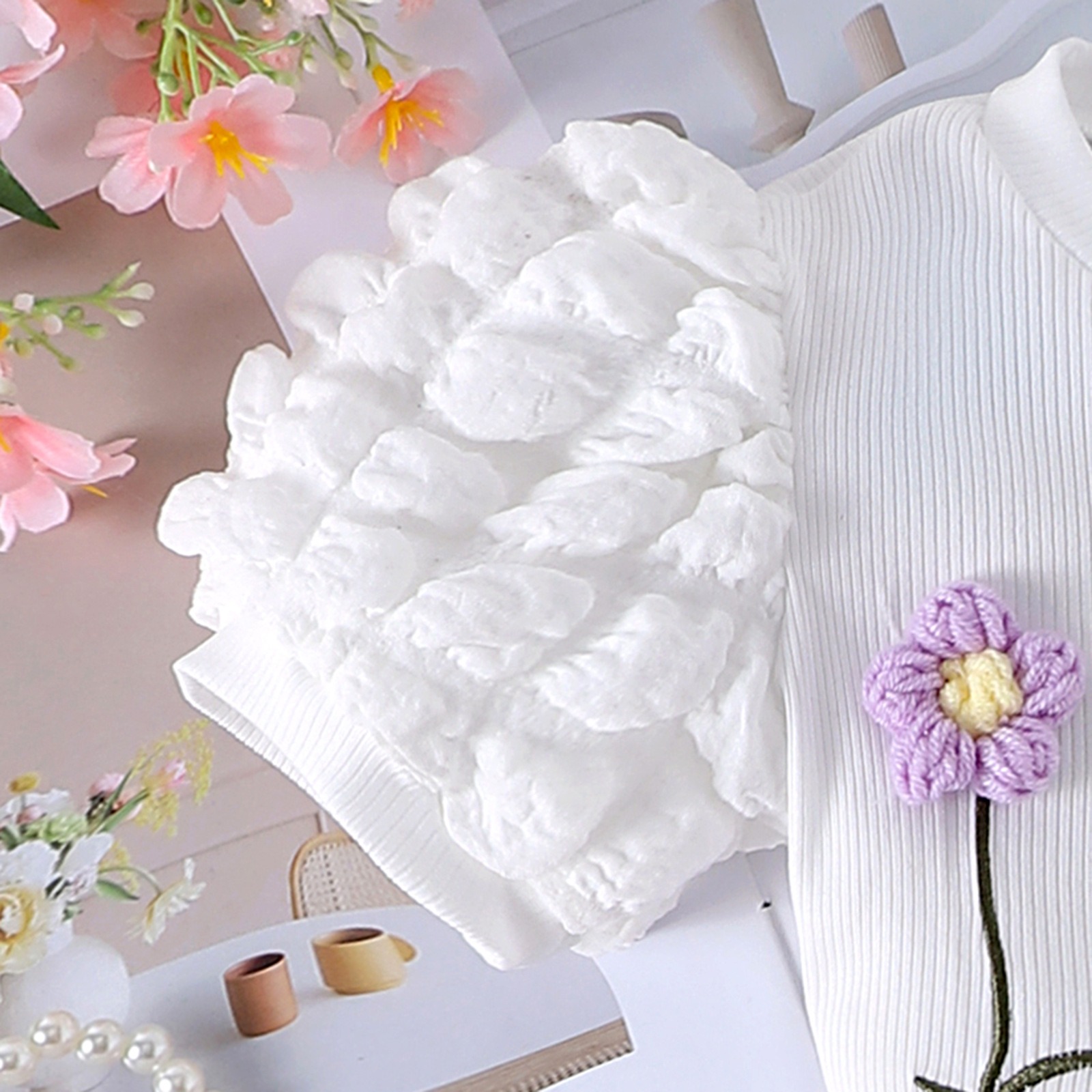 2pcs Toddler Girls Puff-Sleeve Floral Blouse Set