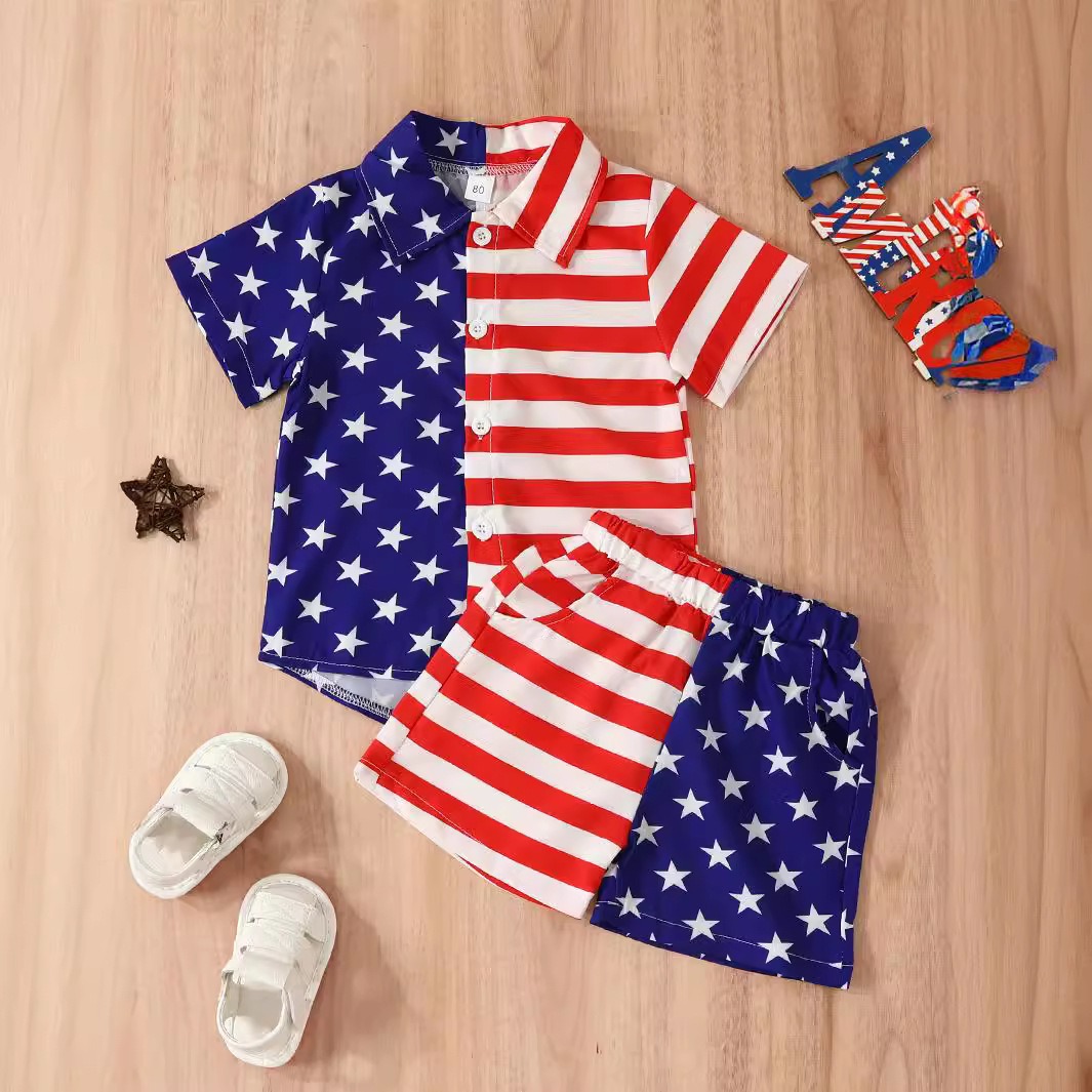 2pcs Toddler Boys Independence Day Star & Stripe Button-Down And Shorts
