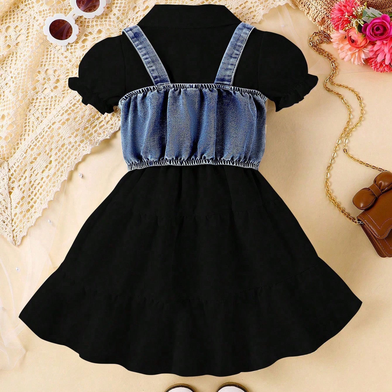2pcs Toddler Girls Puff-Sleeve Dress With Denim Jumper