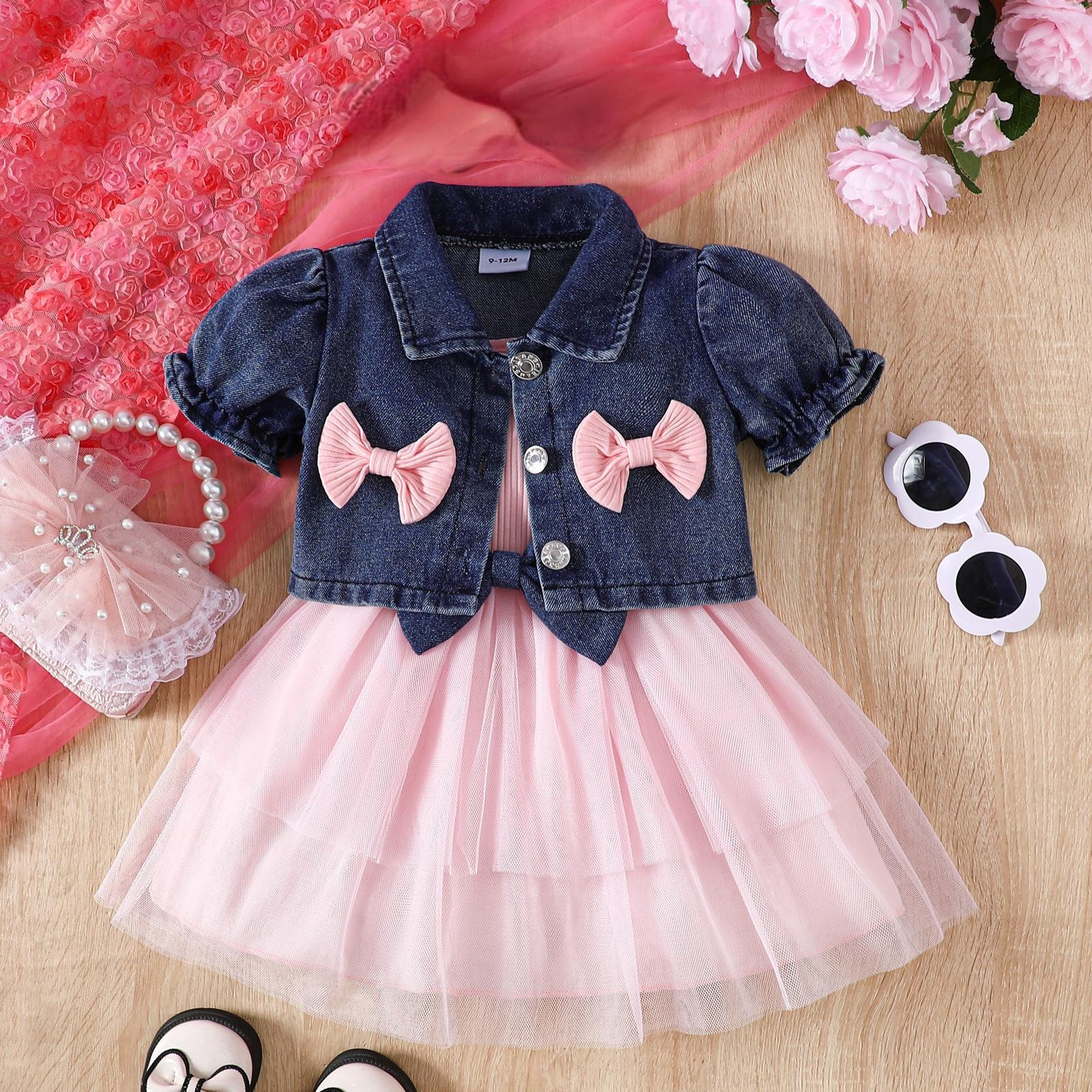 2pcs Baby Girls Tulle Dress Set with Bow Details
