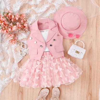 4pcs Toddler Girls Notched Lapel Blazer And Bow Tulle Skirt Outfit