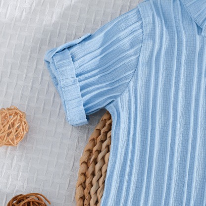 2pcs Toddler Boys Solid Color Striped Short Sleeve Shirt & Shorts