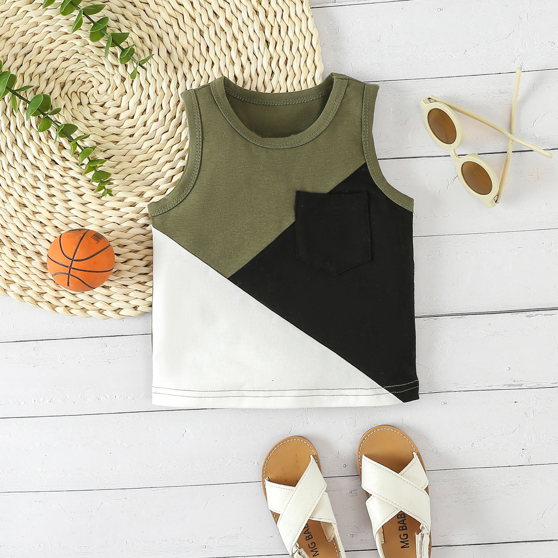 2pcs Toddler Boys Sleeveless Patchwork Top & Swim Trunks