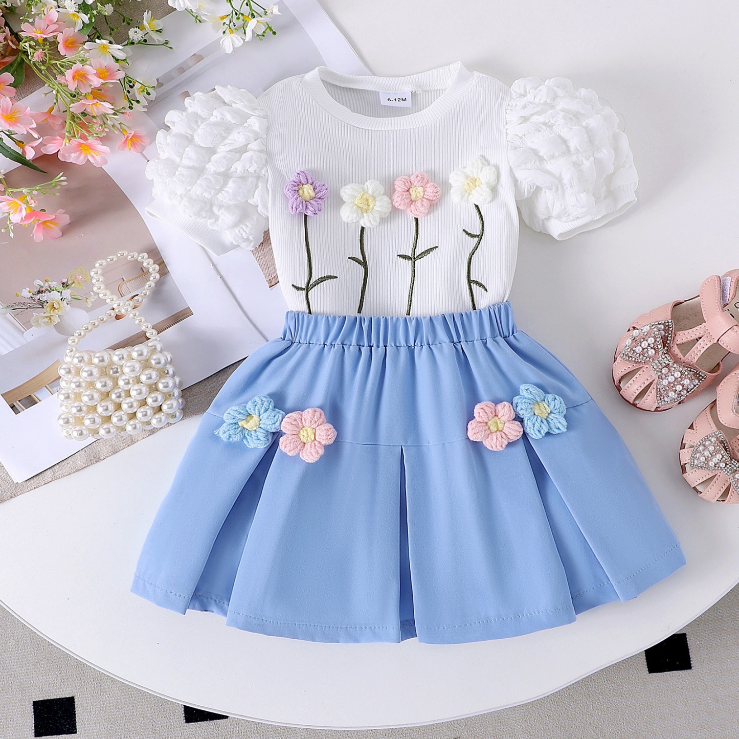 2pcs Toddler Girls Puff-Sleeve Floral Blouse Set