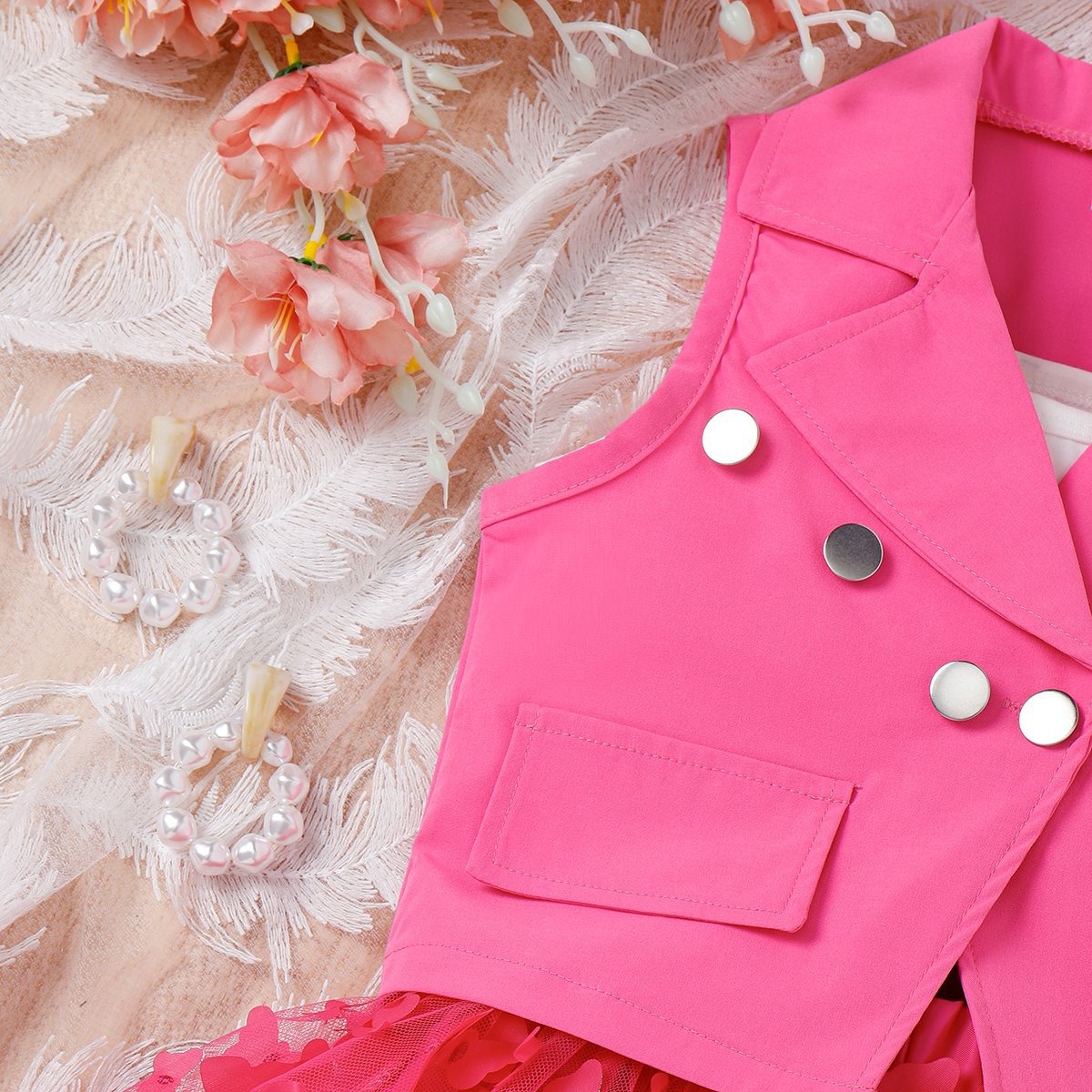 4pcs Toddler Girls Notched Lapel Blazer And Bow Tulle Skirt Outfit