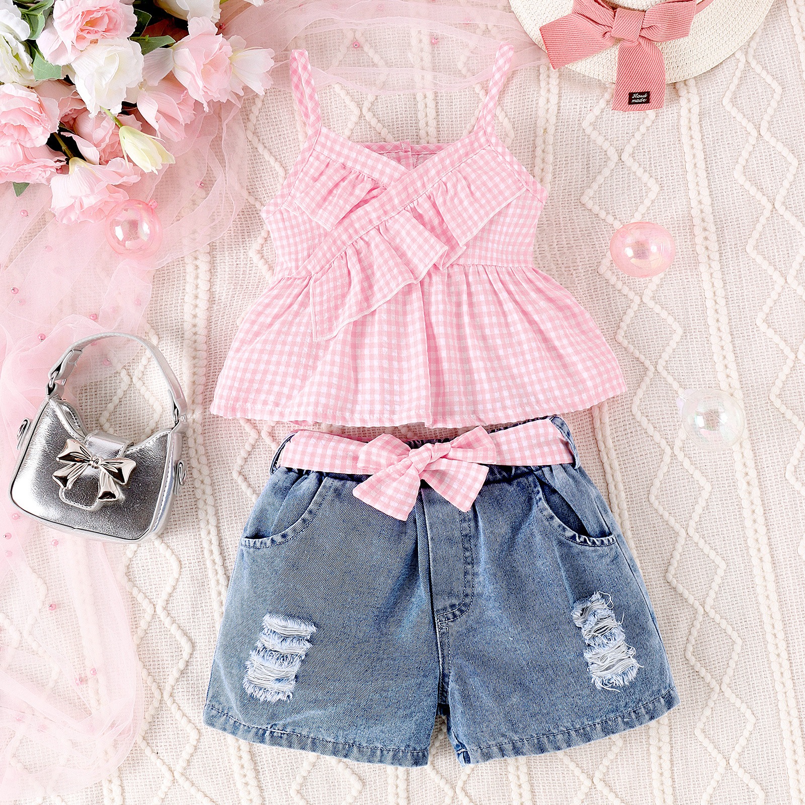 2pcs Toddler Girls Solid & Plaid Set