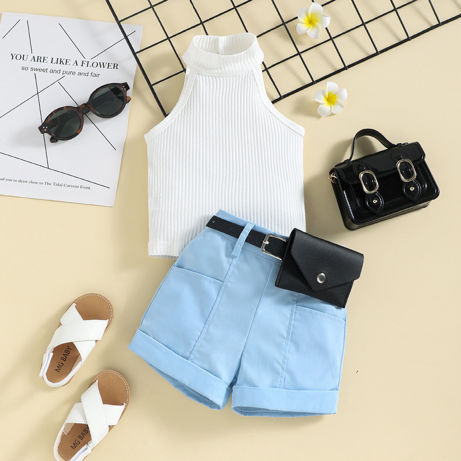 3pcs Toddler Girls Halter Neck Top & Shorts With Waist Bag