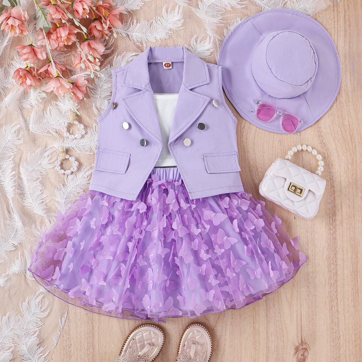 4pcs Toddler Girls Notched Lapel Blazer And Bow Tulle Skirt Outfit