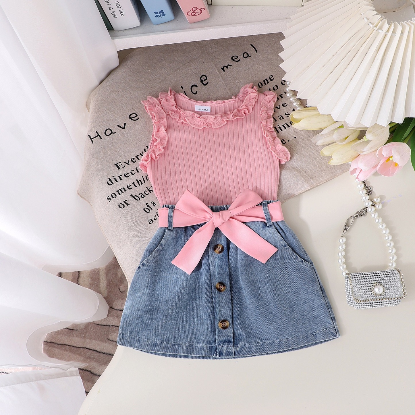 3pcs Baby Girls Ruffle Sleeveless Top And Denim Skirt