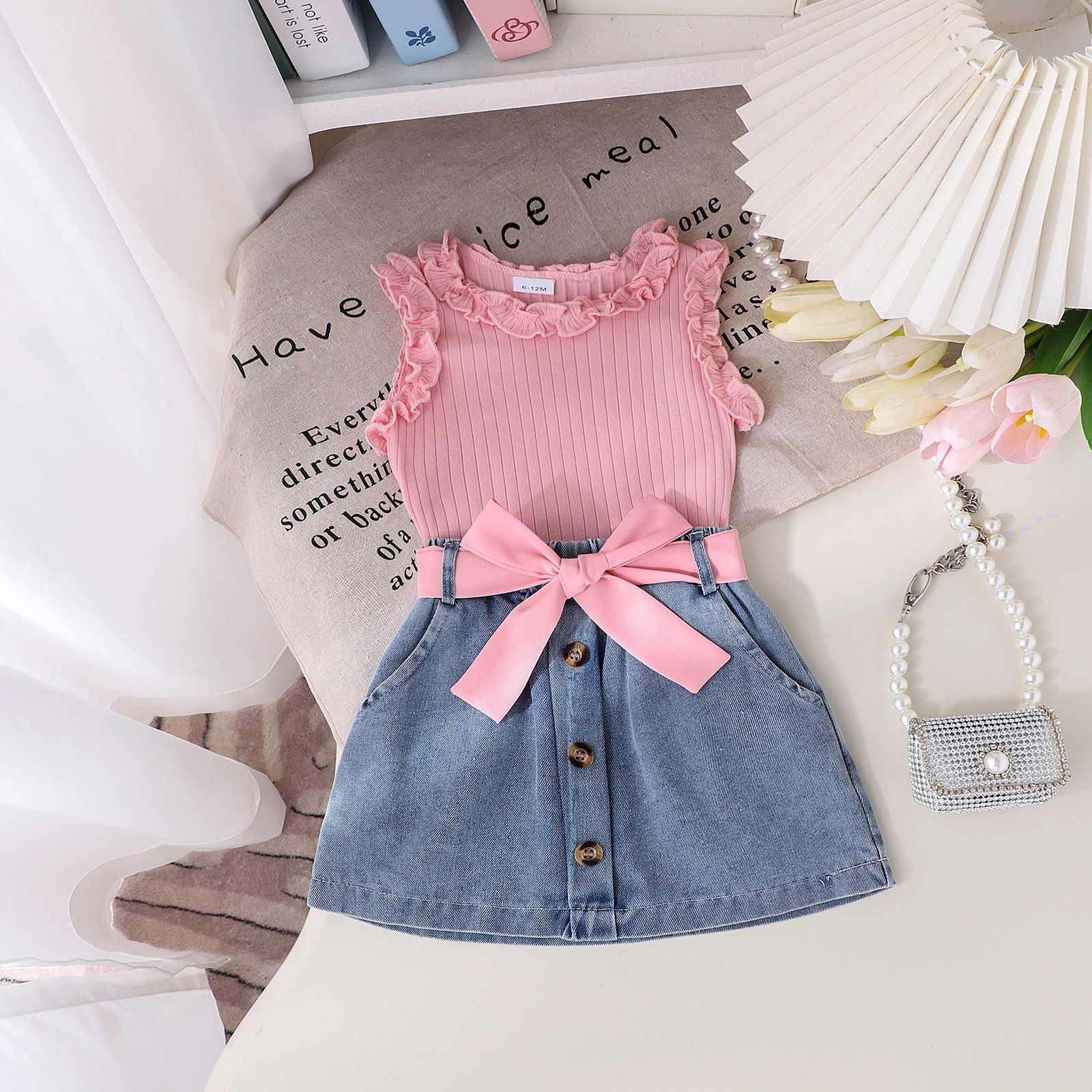 3pcs Baby Girls Ruffle Sleeveless Top And Denim Skirt