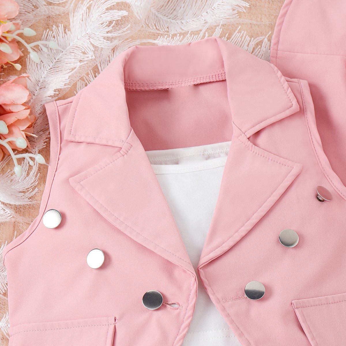 4pcs Toddler Girls Notched Lapel Blazer And Bow Tulle Skirt Outfit