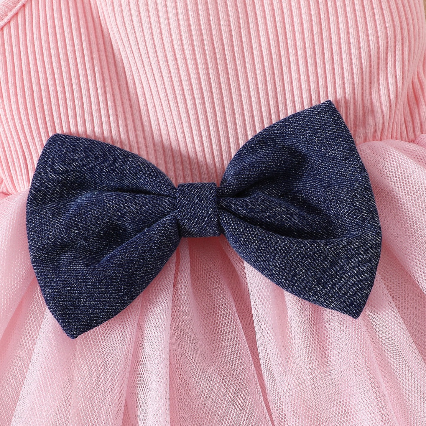 2pcs Baby Girls Tulle Dress Set with Bow Details