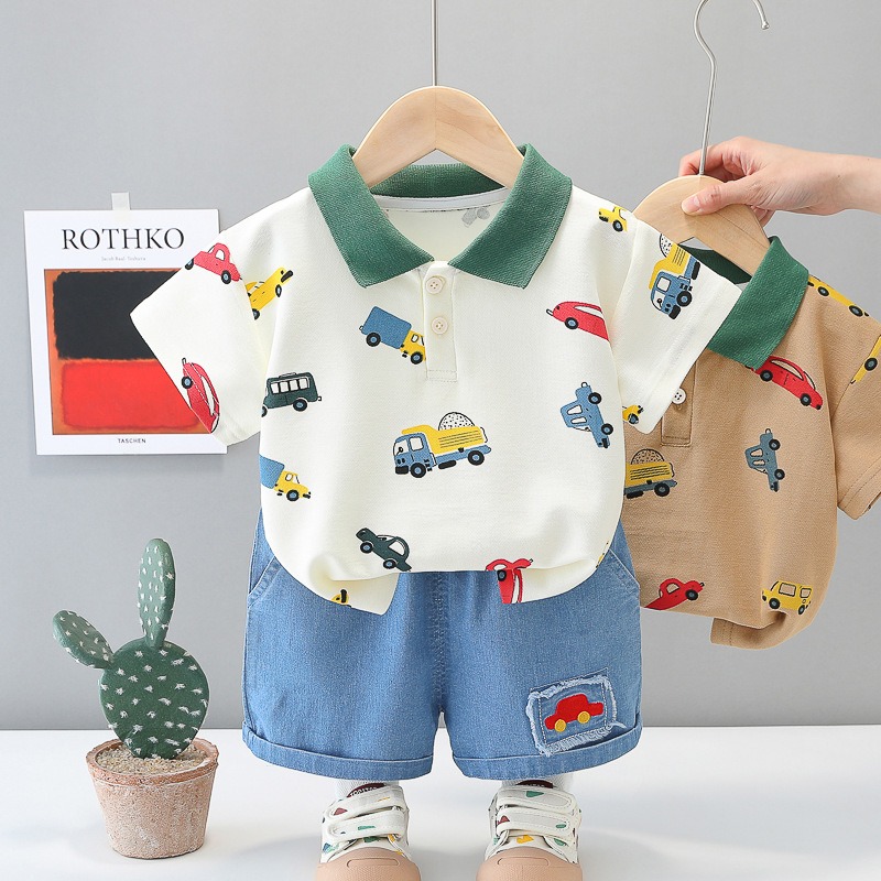 2pcs Toddler Boys Colorful Car Print Polo Shirt & Matching Shorts