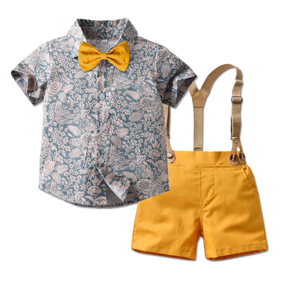 2pcs Toddler Boys Country Style Bow Tie Shirt & Tailored Shorts