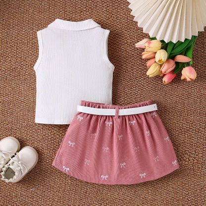 2pcs Toddler Girls White Ribbed Top And Printed Mini Skirt