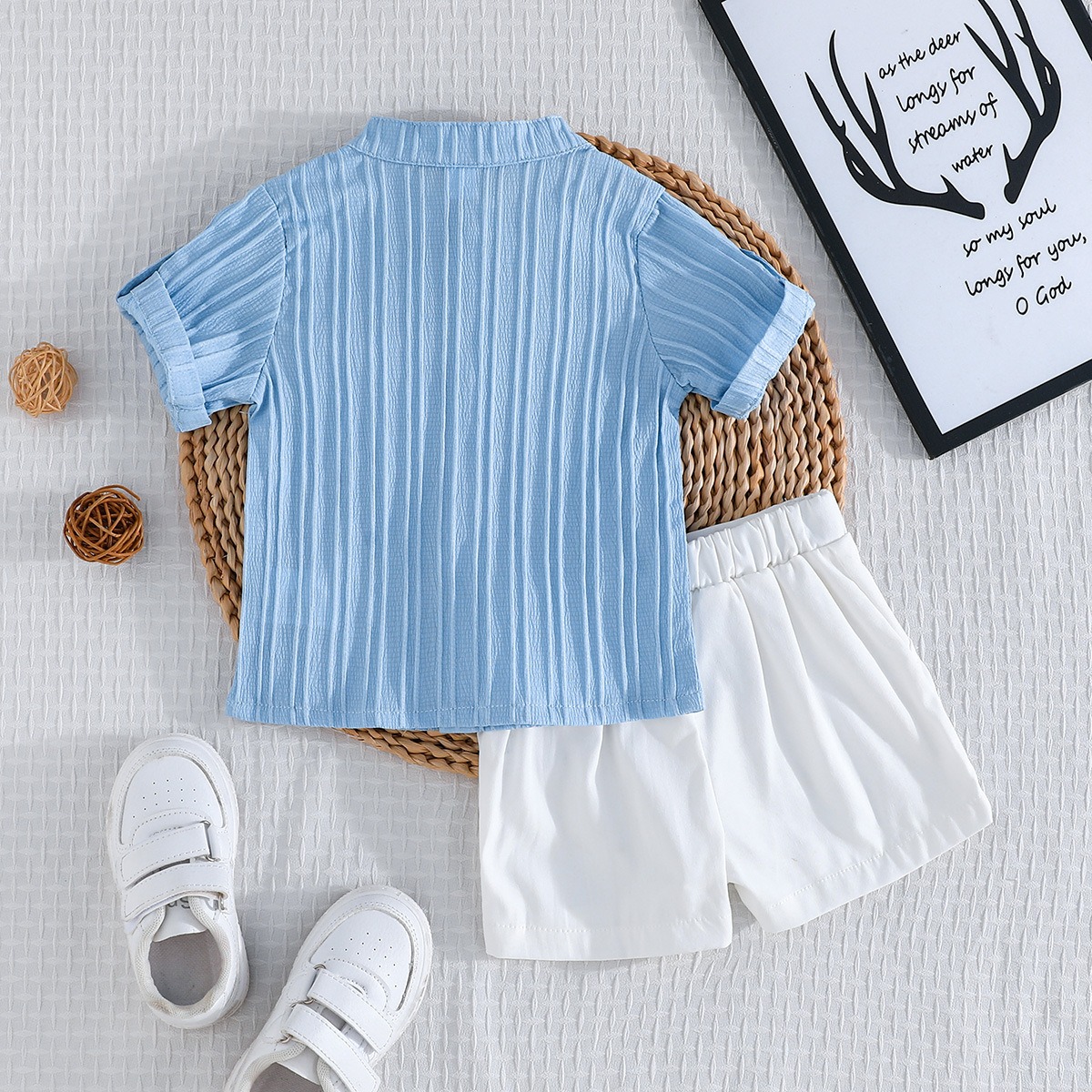 2pcs Toddler Boys Solid Color Striped Short Sleeve Shirt & Shorts