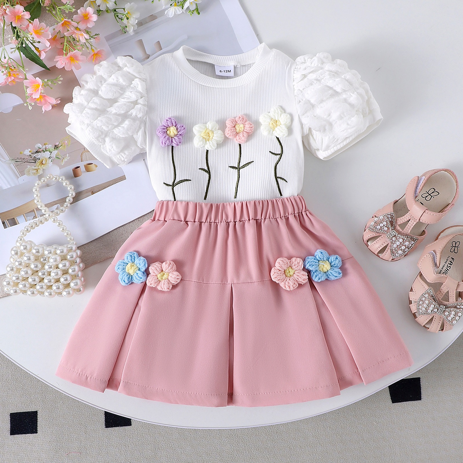 2pcs Toddler Girls Puff-Sleeve Floral Blouse Set