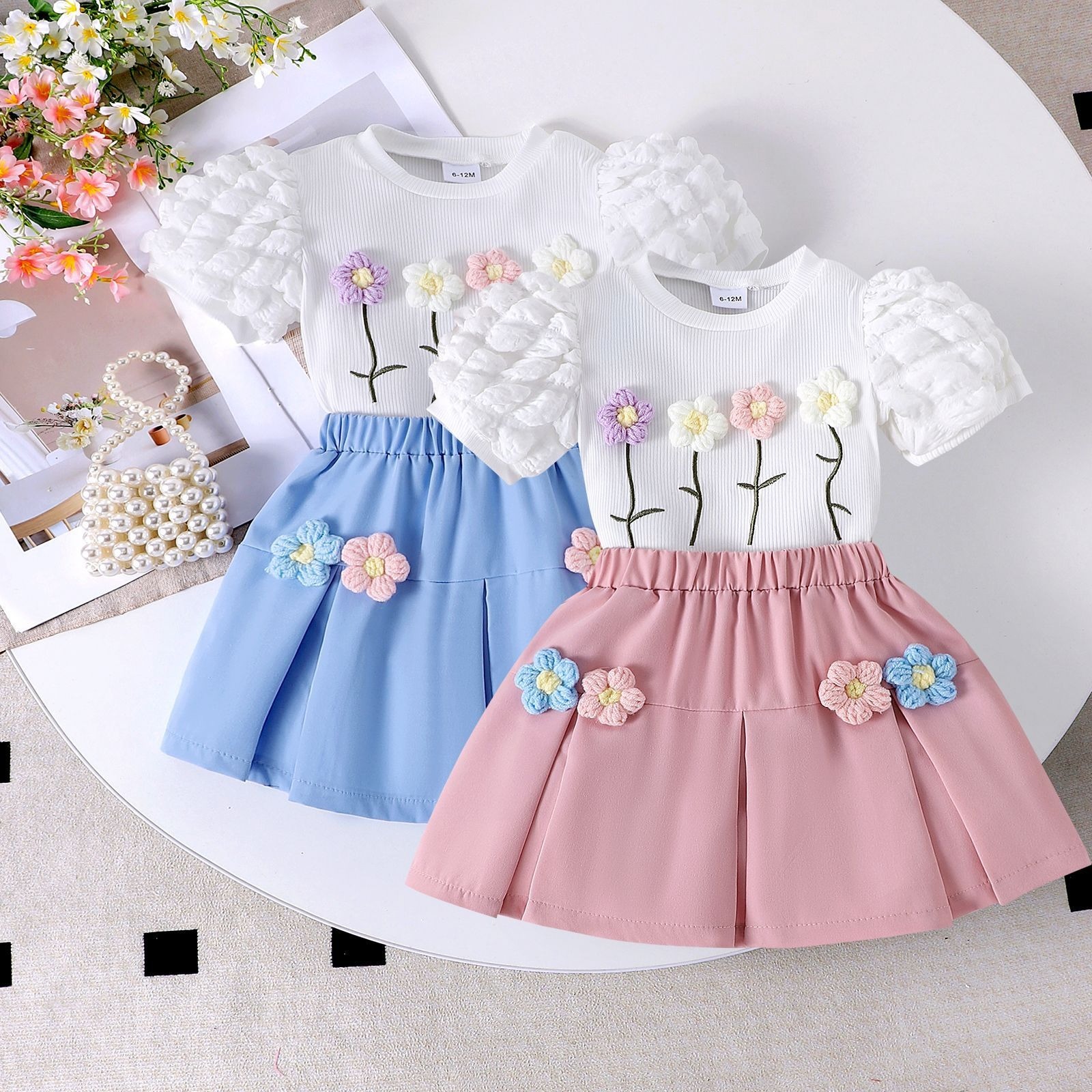 2pcs Toddler Girls Puff-Sleeve Floral Blouse Set
