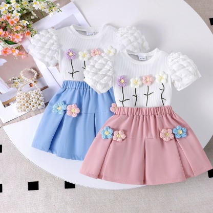 2pcs Toddler Girls Puff-Sleeve Floral Blouse Set