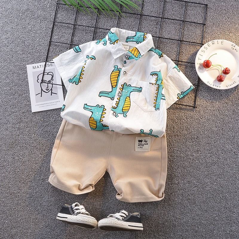 2pcs Toddler Boys Papi Dragon Print Shirt & Matching Shorts