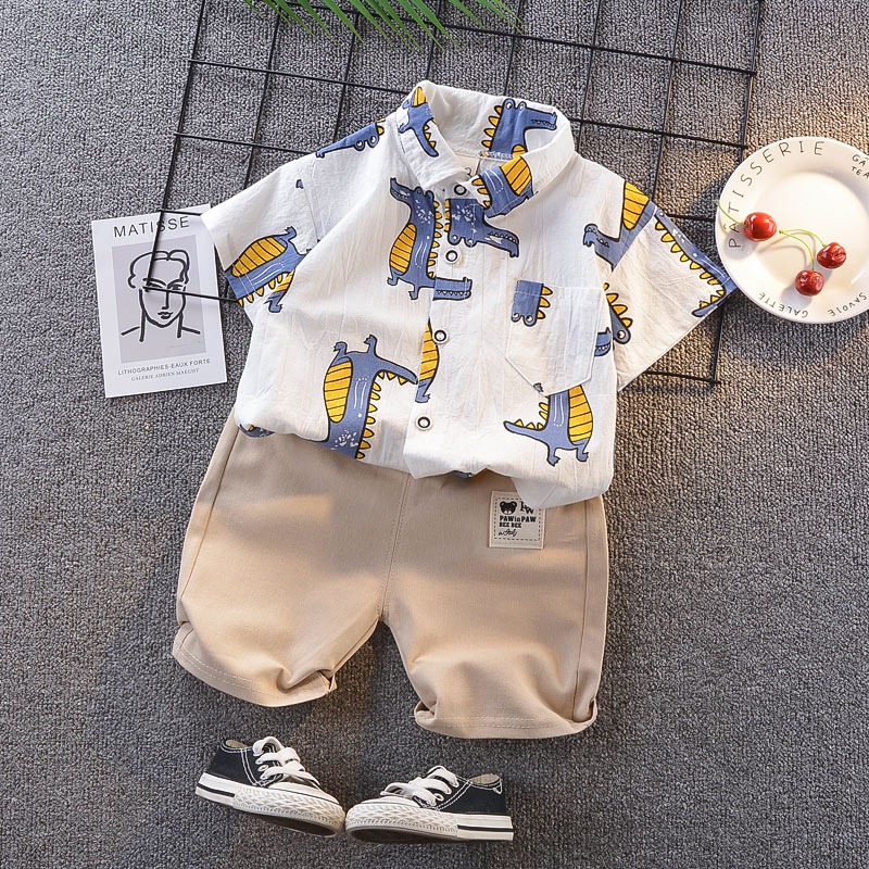 2pcs Toddler Boys Papi Dragon Print Shirt & Matching Shorts