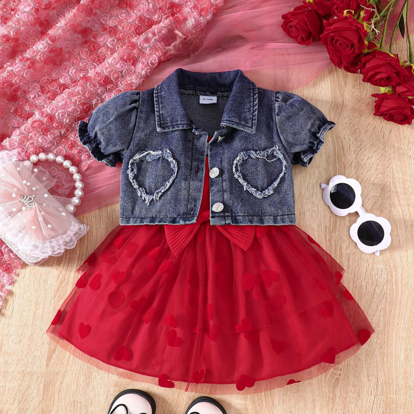 2pcs Baby Girls Tulle Dress Set with Bow Details