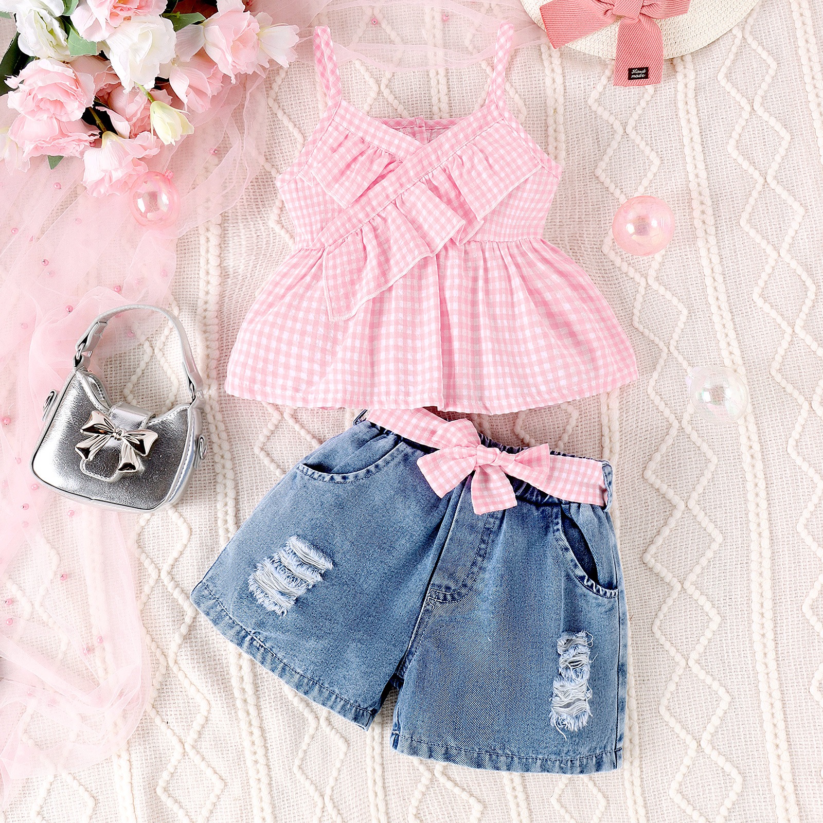 2pcs Toddler Girls Solid & Plaid Set