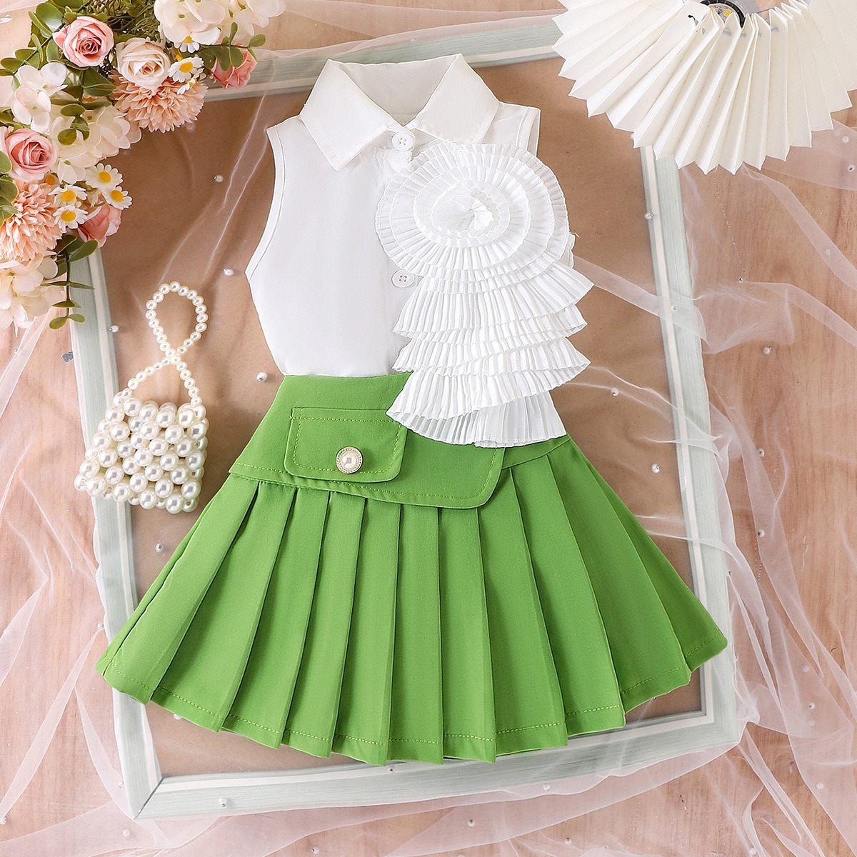 2pcs Baby Girls Sleeveless Blouse And Pleated Skirt