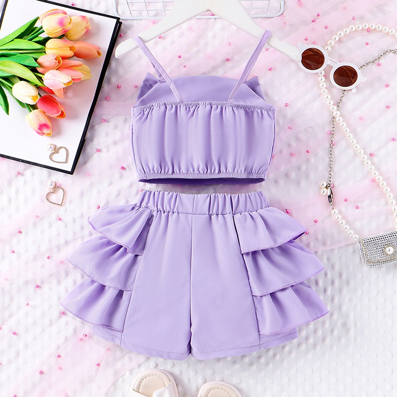 2pcs Toddler Girls Pearl-Accented Sleeveless Top & Tiered Ruffle Shorts