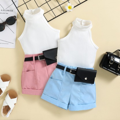 3pcs Toddler Girls Halter Neck Top & Shorts With Waist Bag