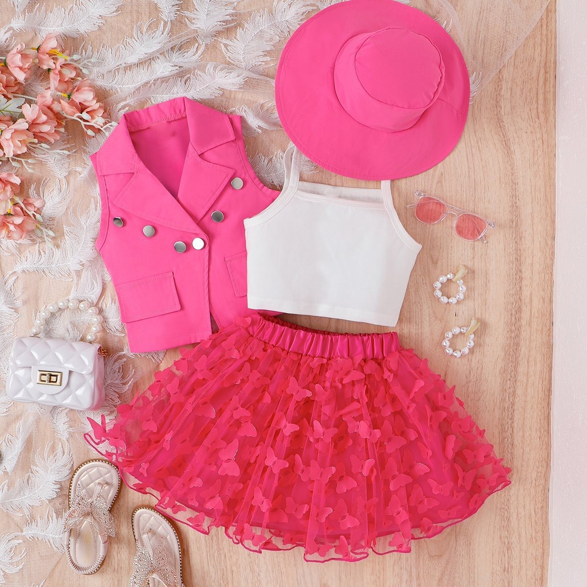 4pcs Toddler Girls Notched Lapel Blazer And Bow Tulle Skirt Outfit