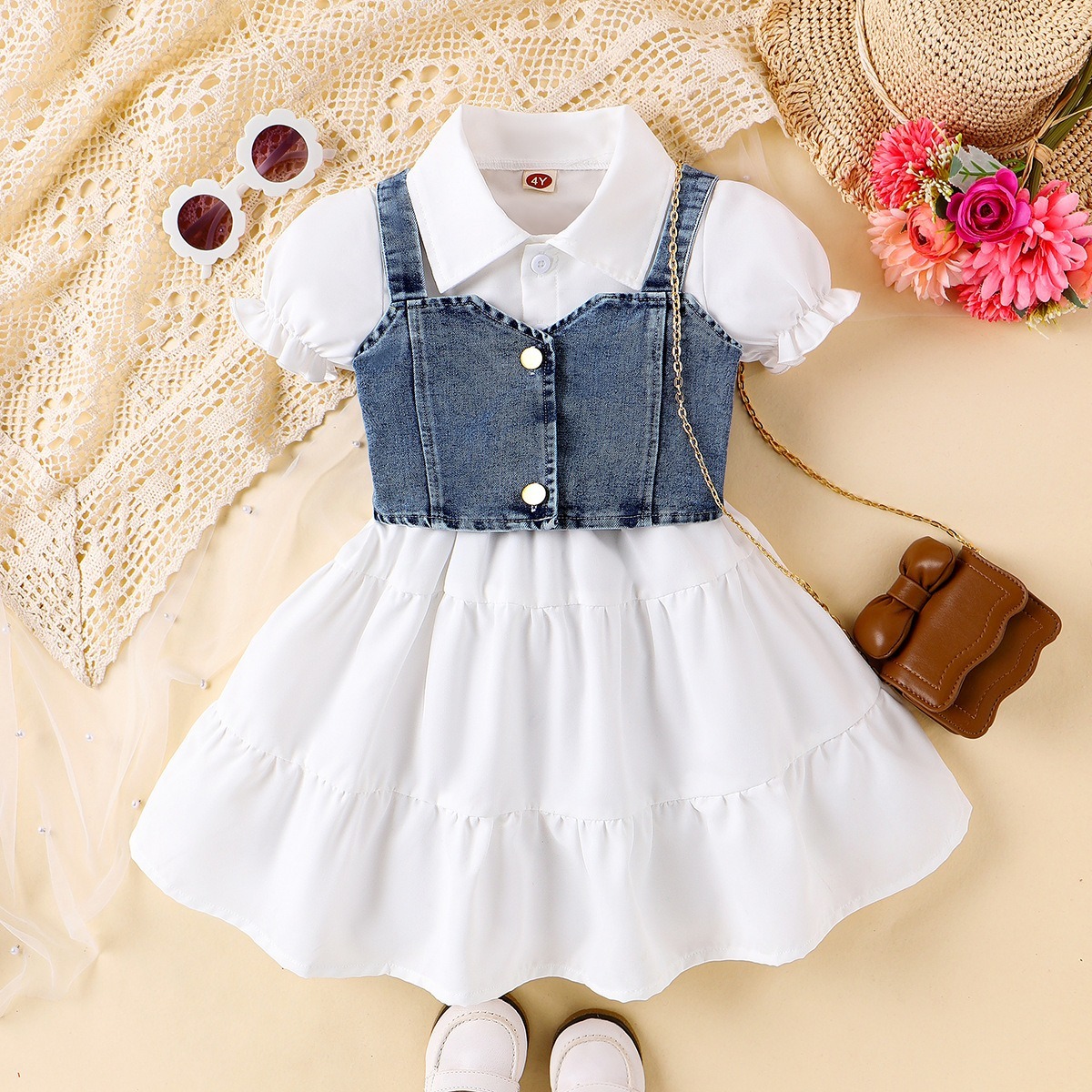 2pcs Toddler Girls Puff-Sleeve Dress With Denim Jumper