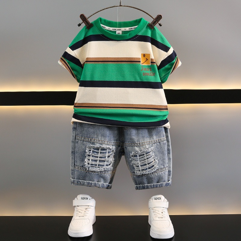 2pcs Toddler Boys Striped Tee & Distressed Jeans