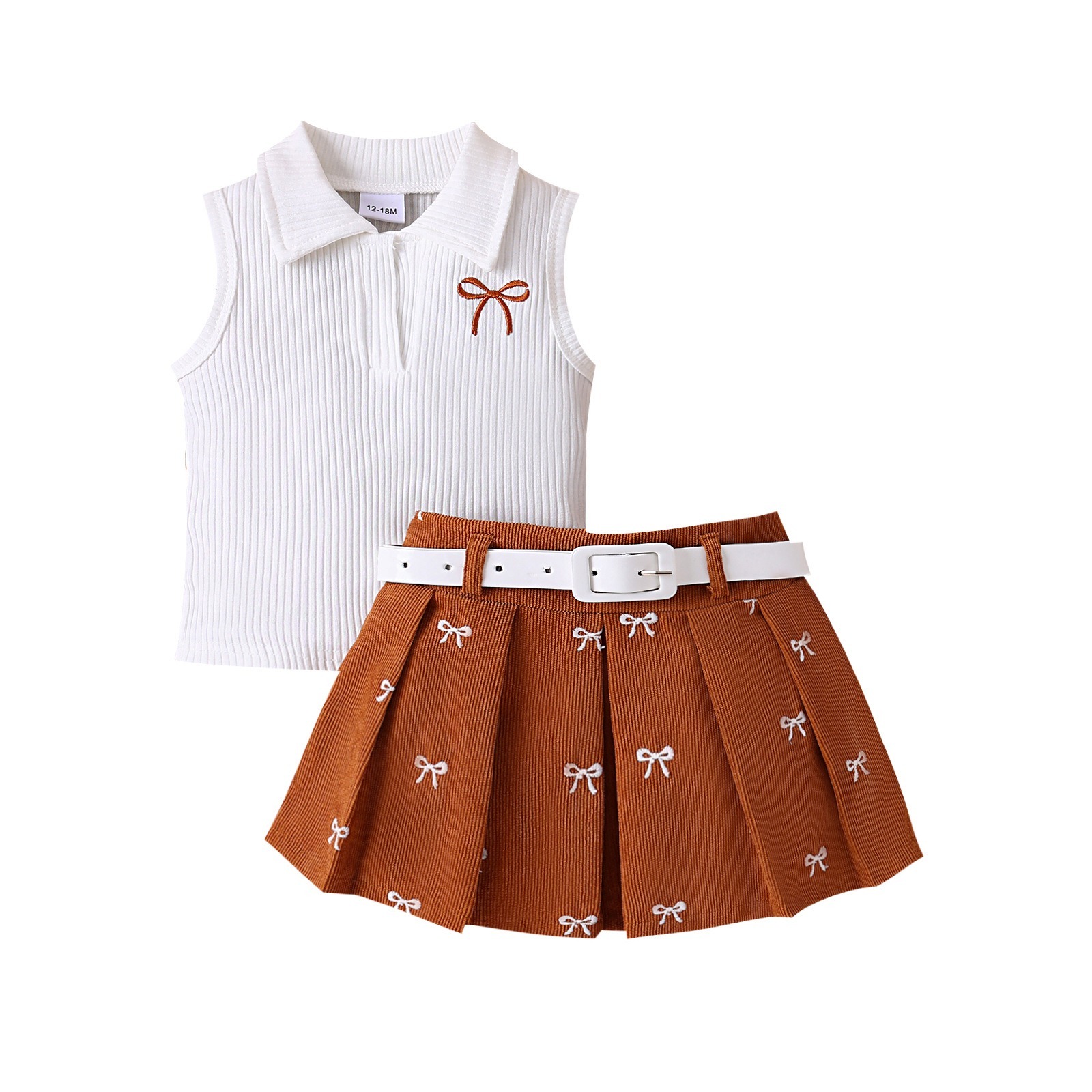 2pcs Toddler Girls White Ribbed Top And Printed Mini Skirt