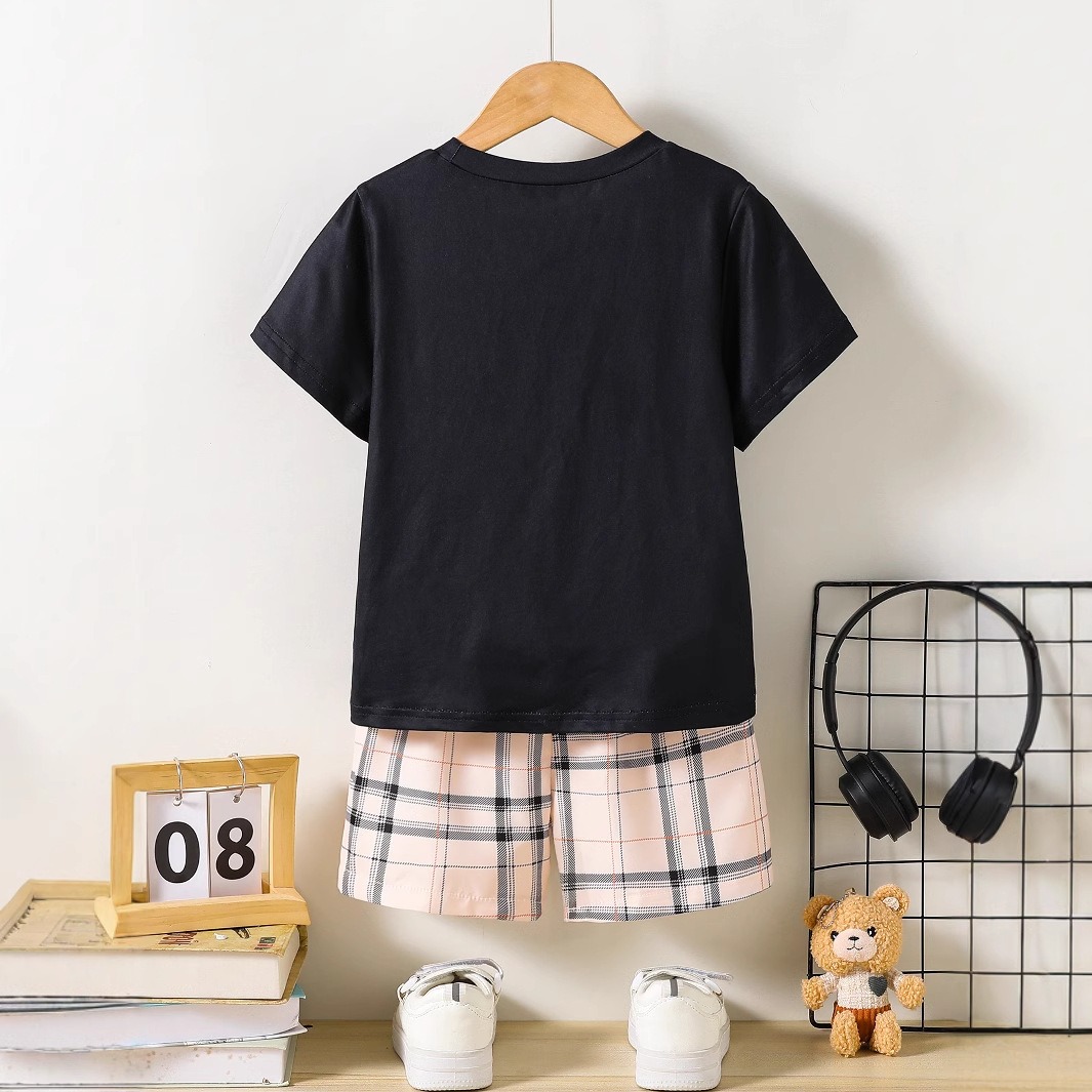 2pcs Toddler Boys Plaid Bear Print Tee & Shorts