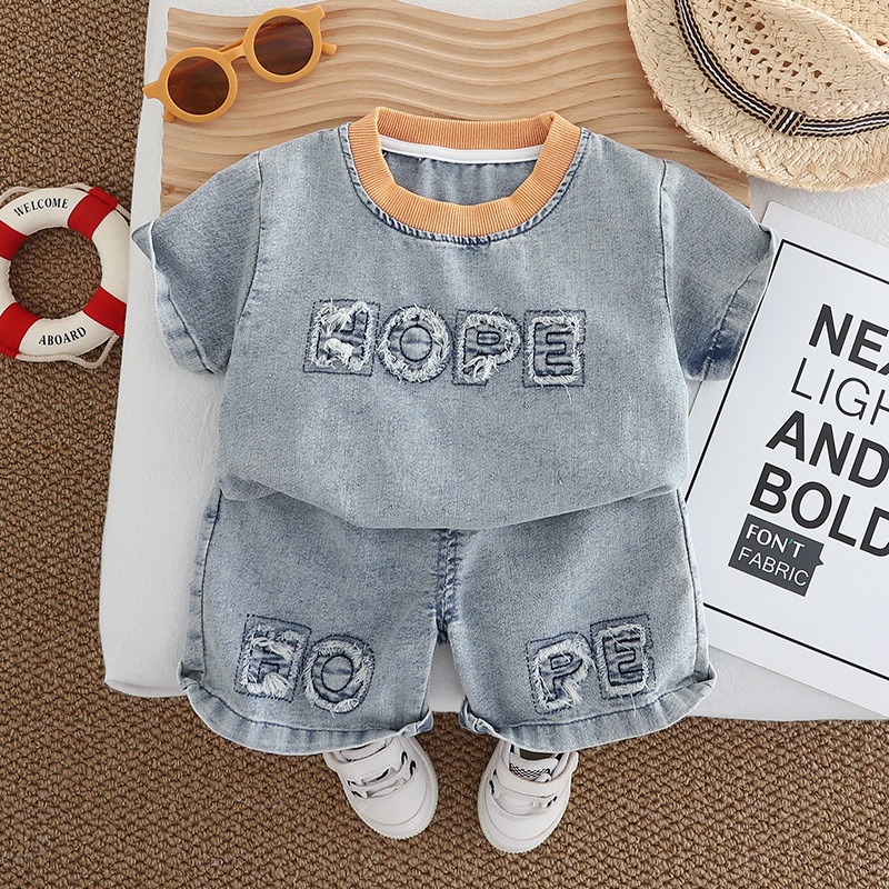 2pcs Toddler Boys Denim Short-Sleeve Shirt & Jean Shorts