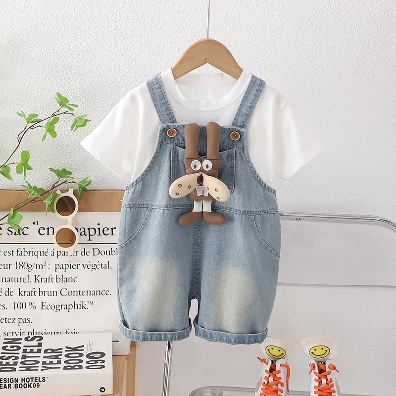 2pcs Toddler Boys Short Sleeve Tee & Doll Denim Overalls