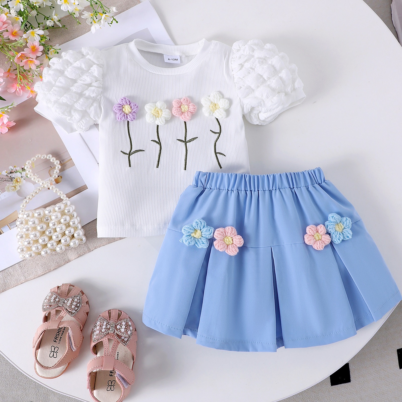 2pcs Toddler Girls Puff-Sleeve Floral Blouse Set
