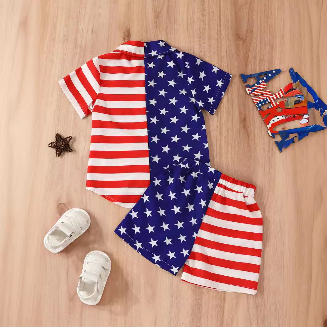 2pcs Toddler Boys Independence Day Star & Stripe Button-Down And Shorts