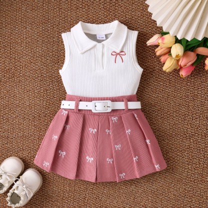 2pcs Toddler Girls White Ribbed Top And Printed Mini Skirt