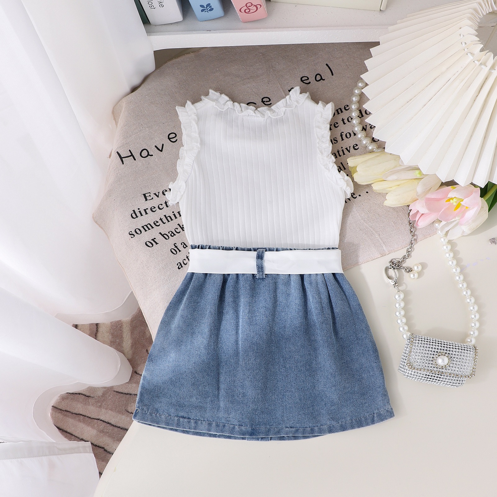 3pcs Baby Girls Ruffle Sleeveless Top And Denim Skirt