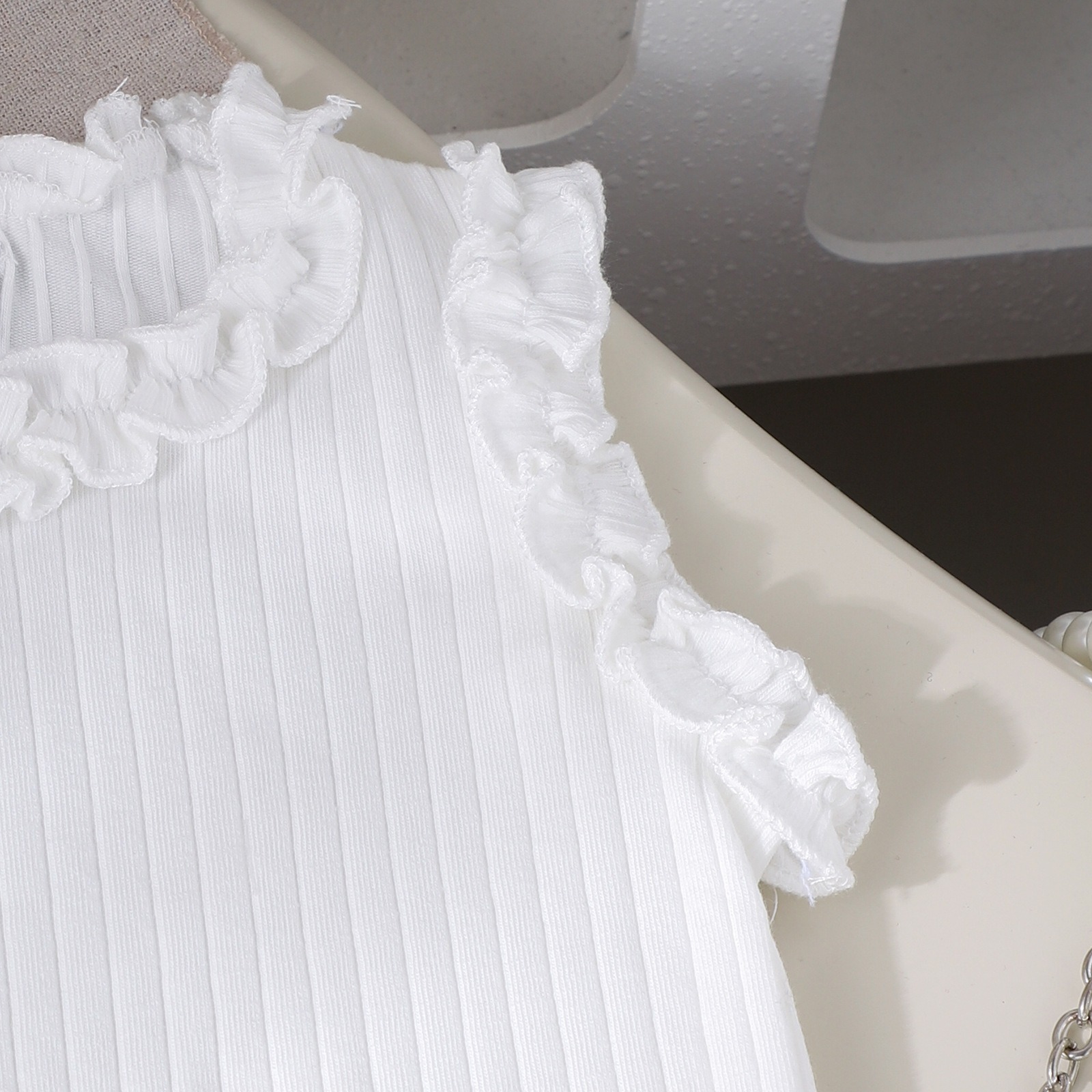 3pcs Baby Girls Ruffle Sleeveless Top And Denim Skirt