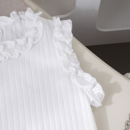 3pcs Baby Girls Ruffle Sleeveless Top And Denim Skirt