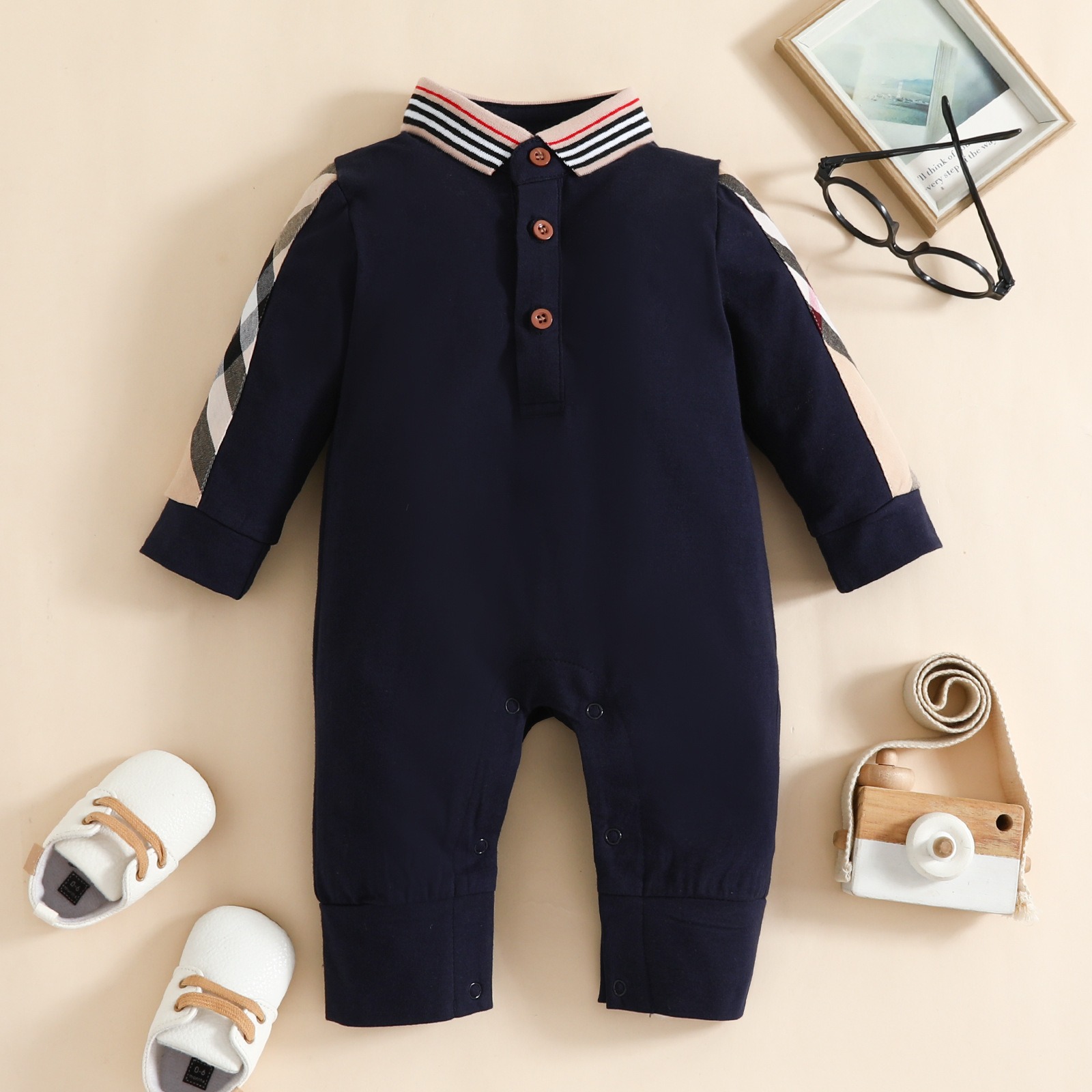 Baby Boy Button-Down Long-Sleeve Cotton Jumpsuits