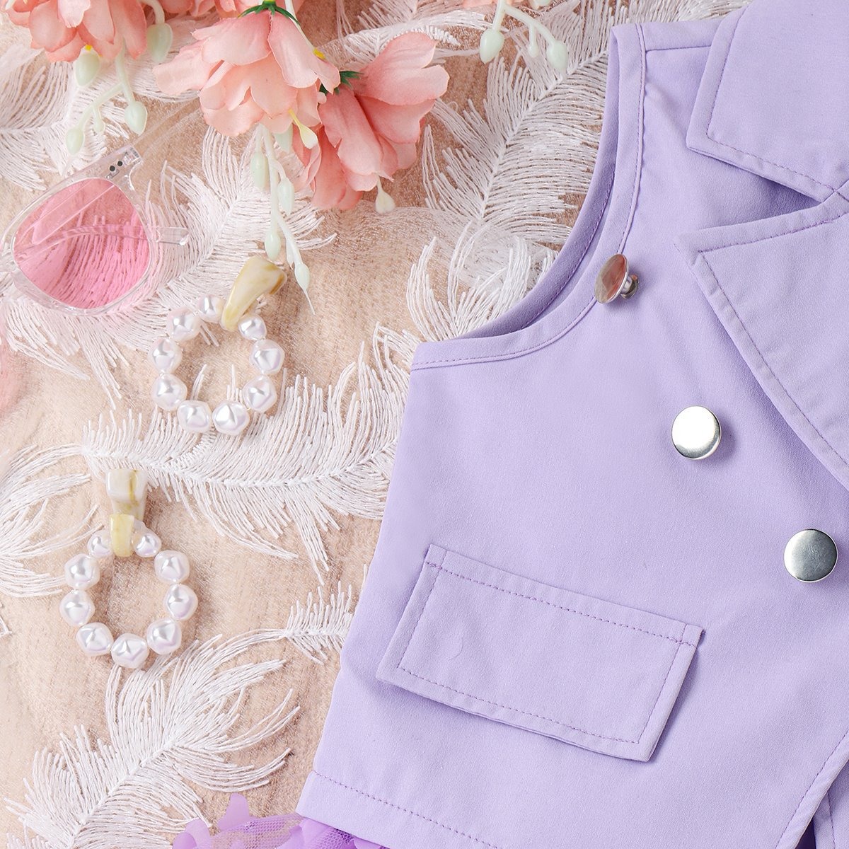 4pcs Toddler Girls Notched Lapel Blazer And Bow Tulle Skirt Outfit