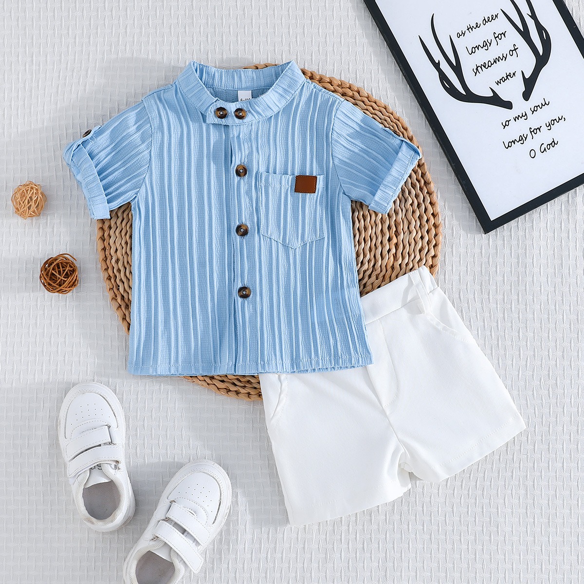 2pcs Toddler Boys Solid Color Striped Short Sleeve Shirt & Shorts